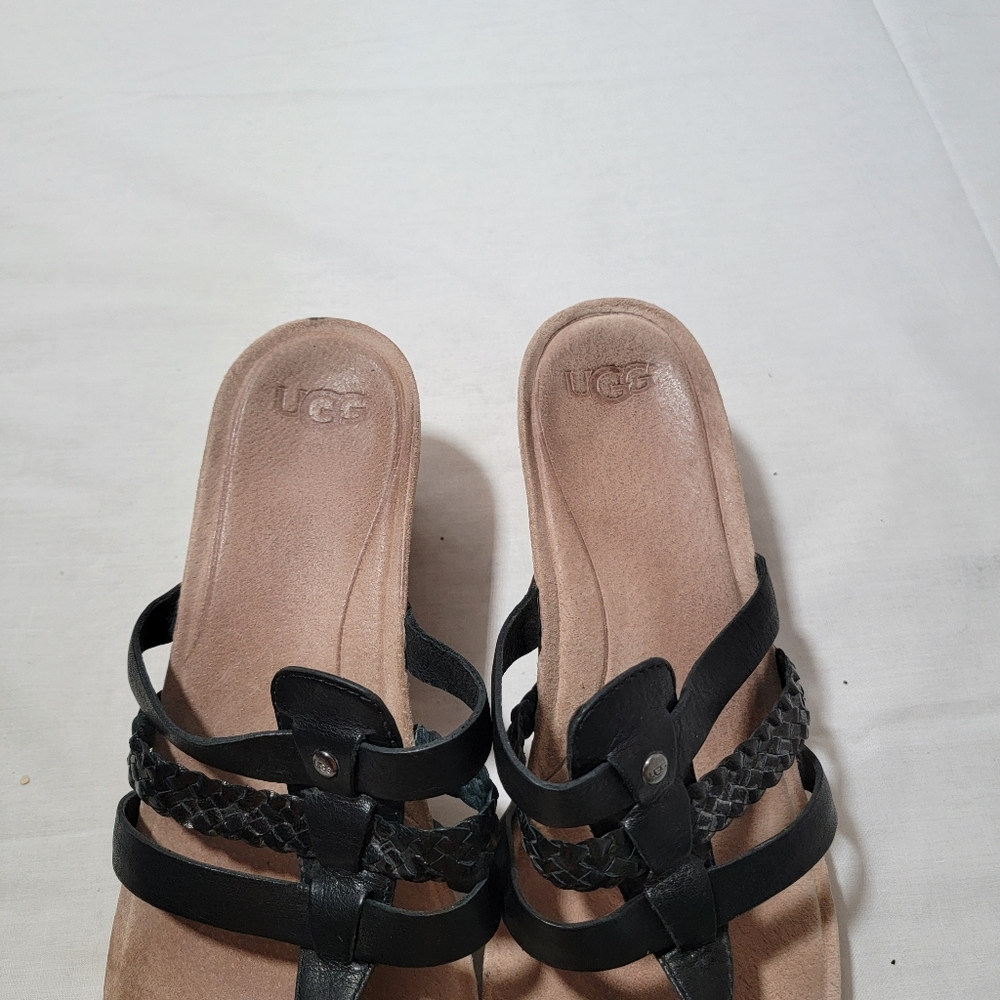 Ugg Women's Maddie Leather, Suede, Cork Black Wedge Thong Slides Sandals Sz 8.5 - Picture 3 of 8